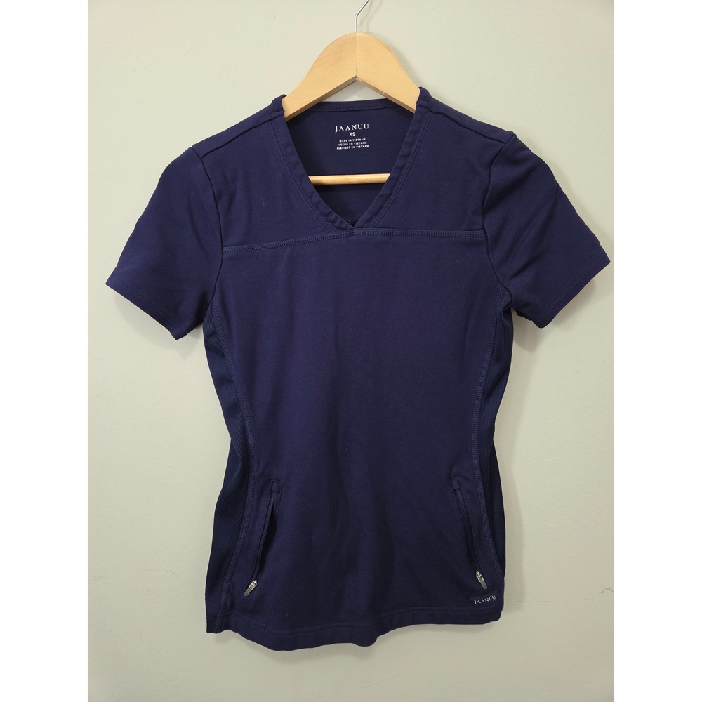 Jaanuu Womens Navy Blue V-Neck Scrub Top Short Sleeve Zipper Pockets Size XS